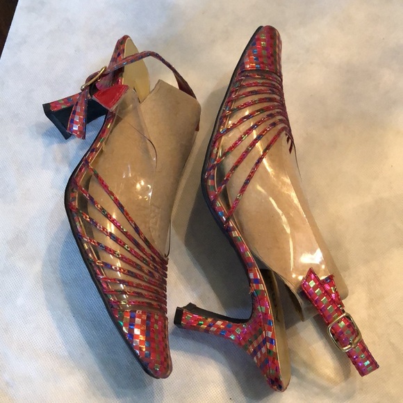 💞 Moved - Amanda Vinyl & Metallic ribbon back strap funky heels - Picture 4 of 12